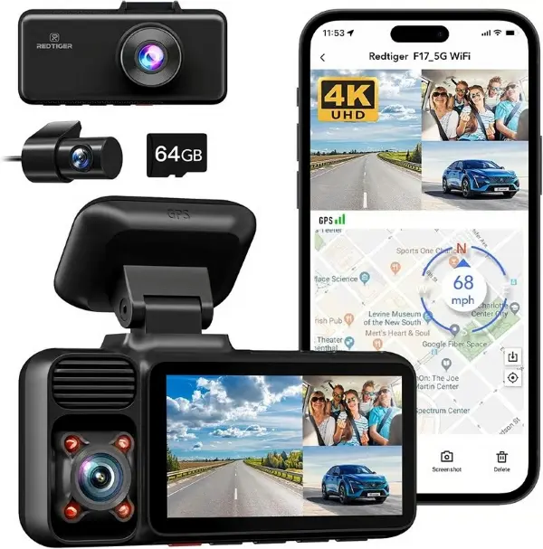Redtiger dash cam package including cables and mounting accessories.